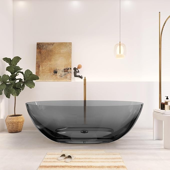 71" Premium Solid Surface Freestanding Bathtubs, Upgraded Transparent Dark Grey by HIGEINE