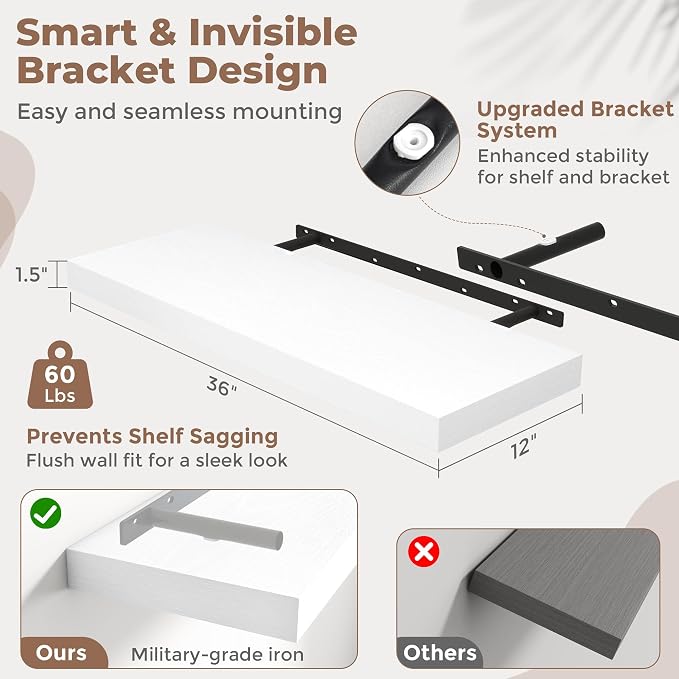 36 Inch Floating Shelves for Wall Set of 2, Easy Install Engineered Wood - Image 2