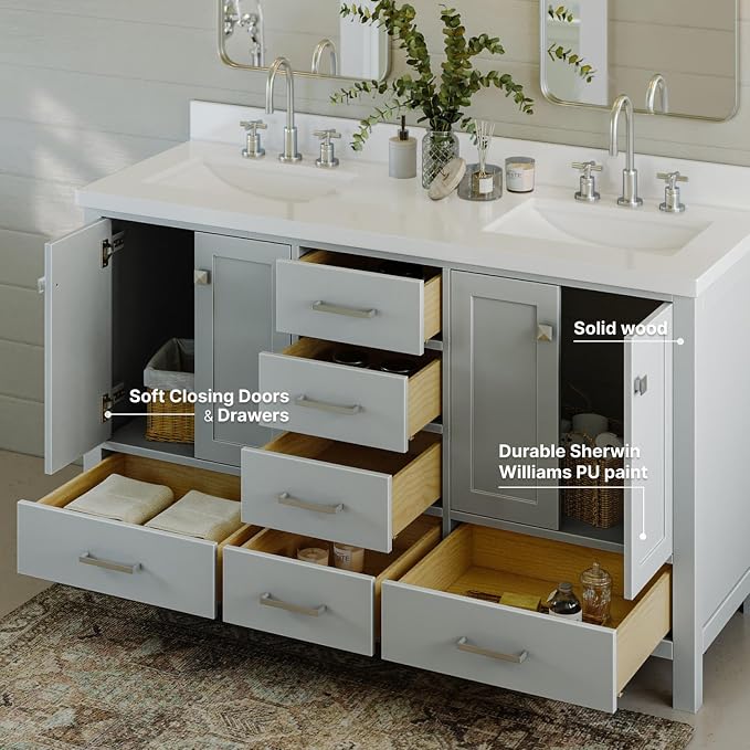 ARIEL Cambridge 61 Inch Grey Bathroom Vanity Double Sink, Solid Wood, 1.5-Inch - Image 8