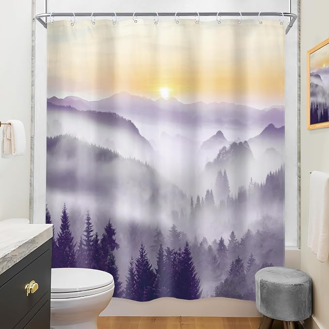 Riyidecor Misty Mountain Shower Curtain 60Wx72H Inch Purple Sunrise Nature - Image 4