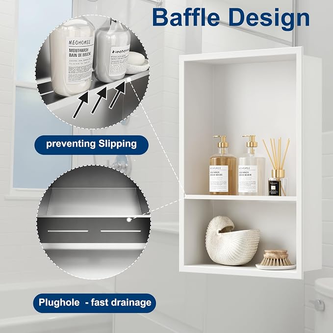 Neodrain 12X18 Inch White Double Shelf Stainless Steel Shower Niche, No Tile - Image 5