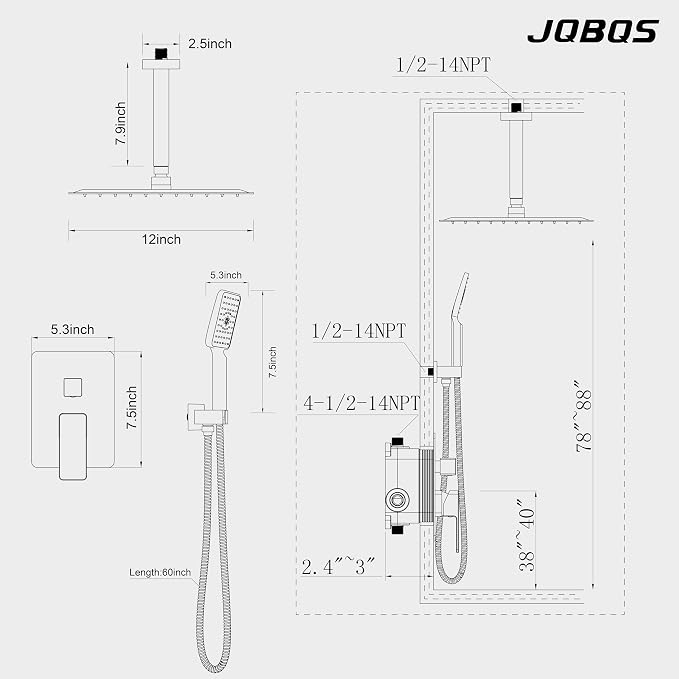 Rain Shower System 12IN Modern Brass Faucet Set - Image 8