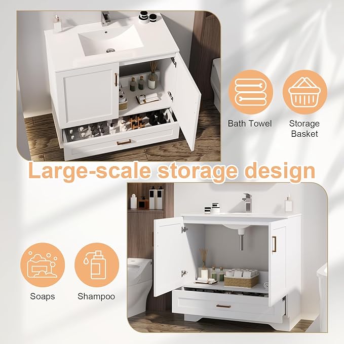 30 inch Bathroom Vanity with Sink, Modern White Vanity - Image 4