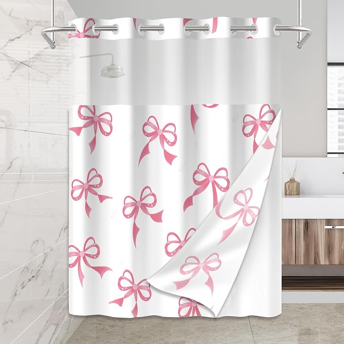 Cute Pink Bow No Hook Shower Curtain Set by Mightree