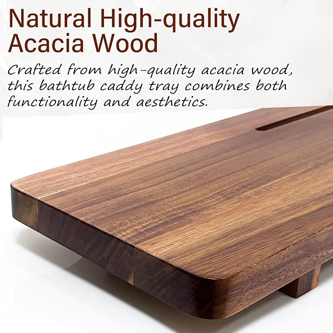 Acacia Wood Bathtub Tray Caddy for Freestanding Tub, 35 Inch Adjustable Bath - Image 4