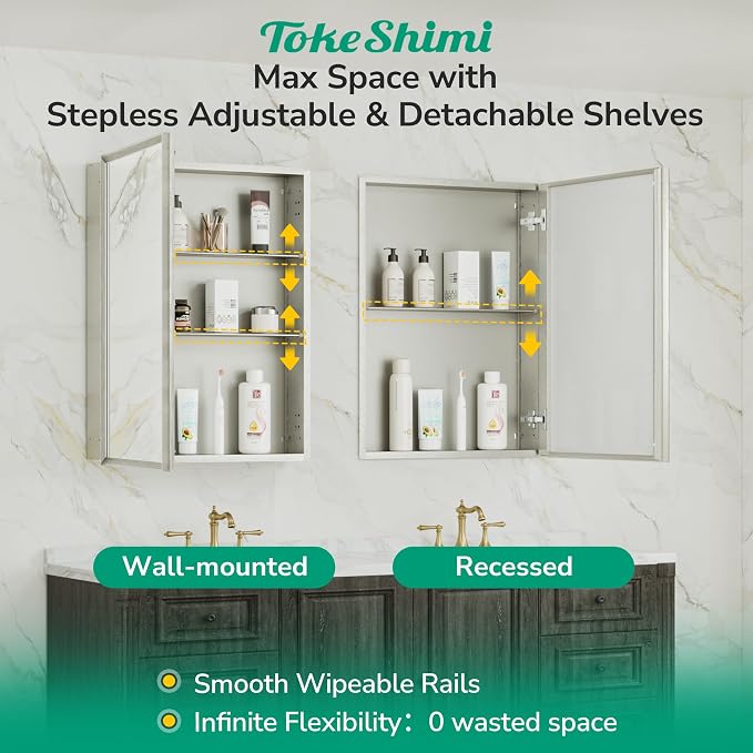 TokeShimi 36 x 24 Nickel Recessed Medicine Cabinet, Assembly Required, Bathroom - Image 6