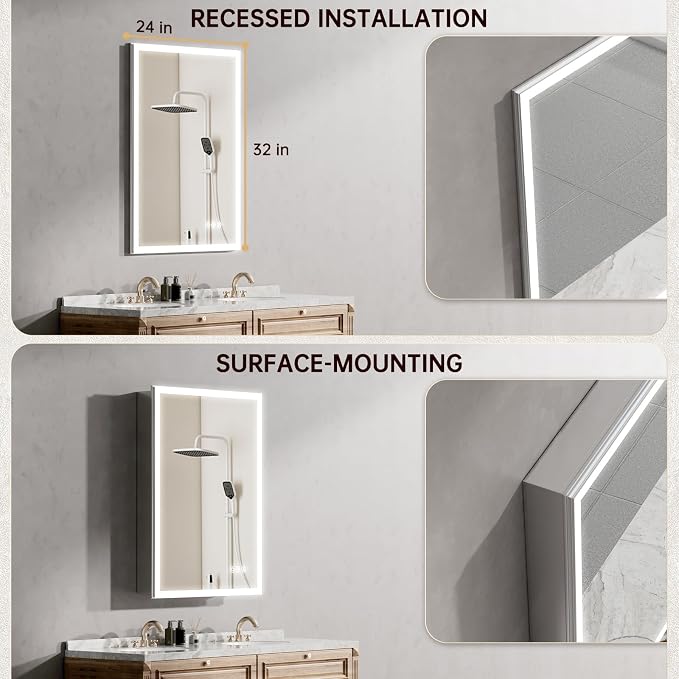 24"x32" Medicine Cabinet Mirror, LED Lighted Medicine Cabinet - Image 6