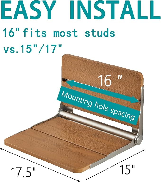 17.5'' Wall Mounted Folding Shower Bench Seat, HDPS Foldable Shower Stool - Image 6