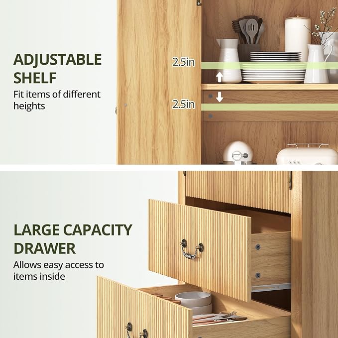 71" Tall Arched Kitchen Pantry, Wood Kitchen Storage Cabinet - Image 7