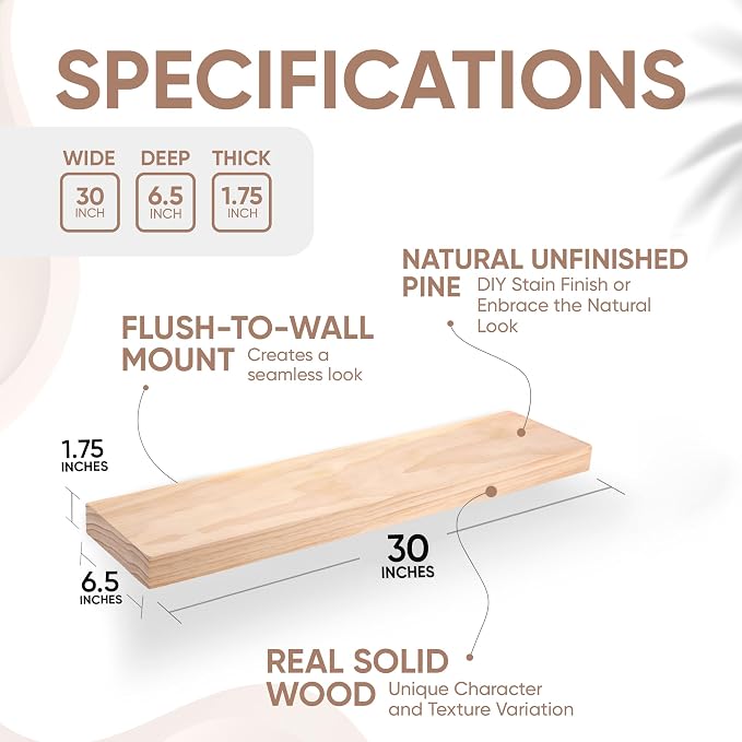 Homeforia 30 inch Wood Floating Shelves, High End Solid Natural Wood 30inch - Image 2