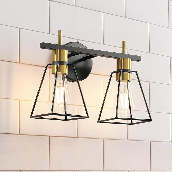 Industrial Bathroom Vanity Lights: 2 Lights Black and Gold Vintage Metal Cage by HAHZT