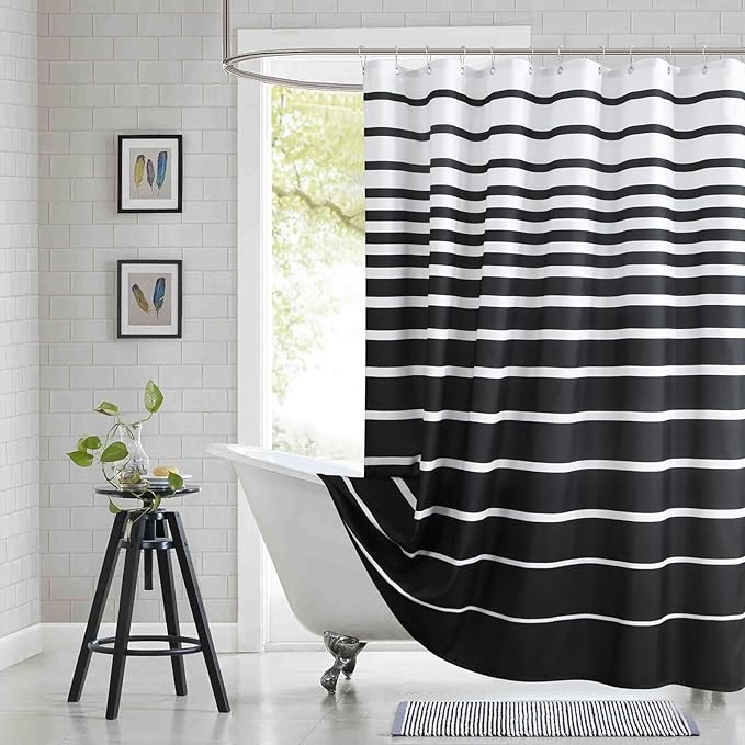 Black Shower Curtain, Modern Black and White Stripe Waterproof Polyester Shower by BESTRIPES