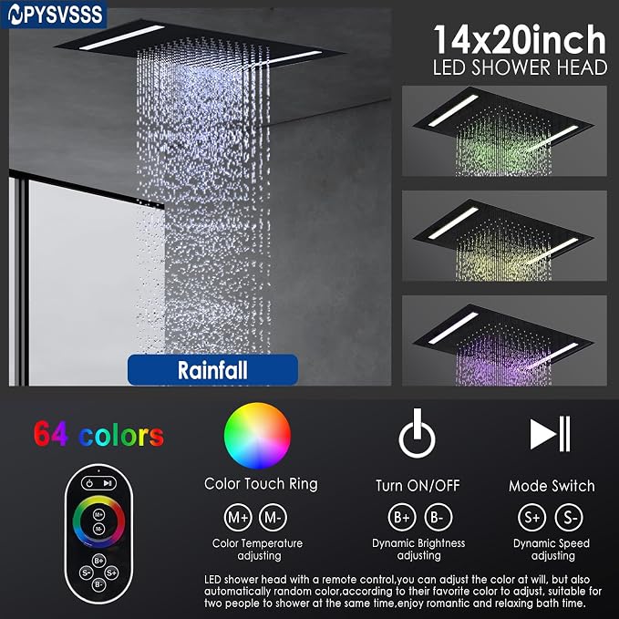 Rain Shower Head System with 14x20 Inch Ceiling Mount LED Head & 6 Inch Wall - Image 4