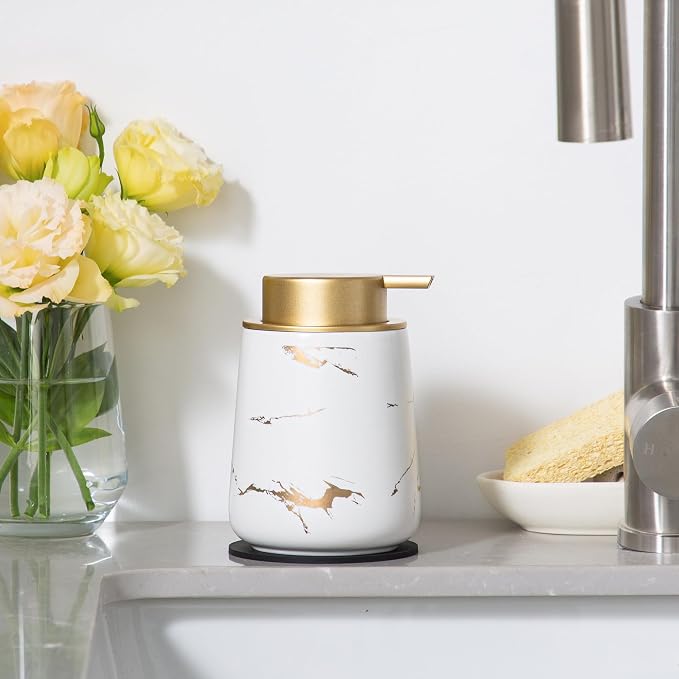 Enra Ceramic Gold Soap Dispenser, 12 oz Marble Hand Liquid Soap Dispenser - Image 6