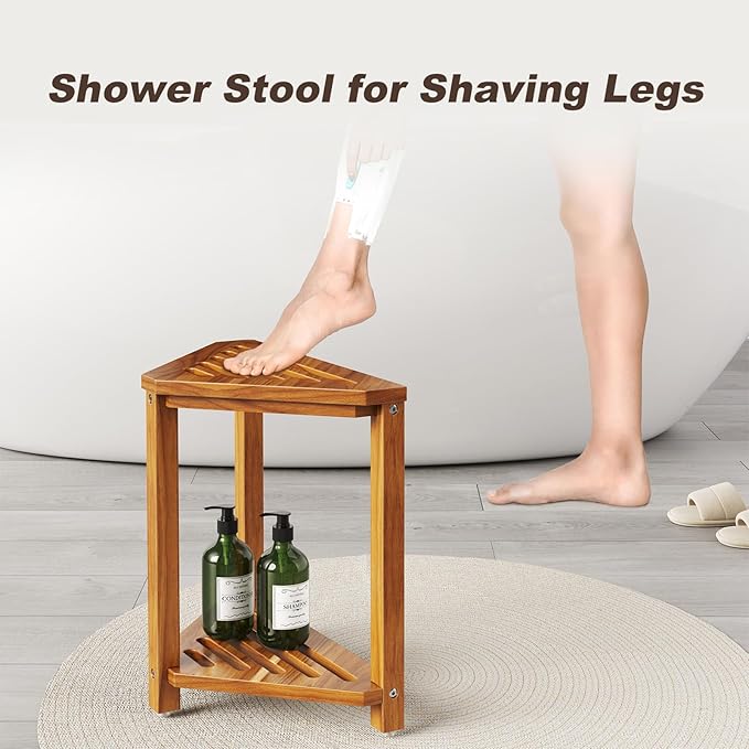 Corner Shower Stool for Inside Shower, Acacia Wood Corner Shower Shaving Step - Image 2
