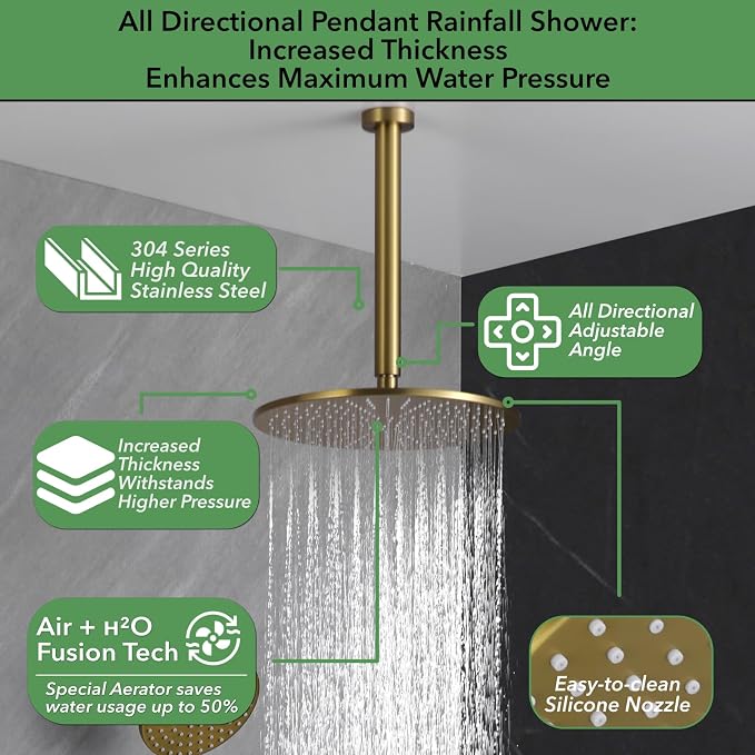 VANFOXLE Thermostatic Shower Faucet Set Brushed Gold Shower System, Push Button - Image 2