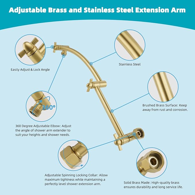 Hibbent Rain Shower Head, Solid Brass Adjustable Shower Arm Extender, Brushed - Image 5