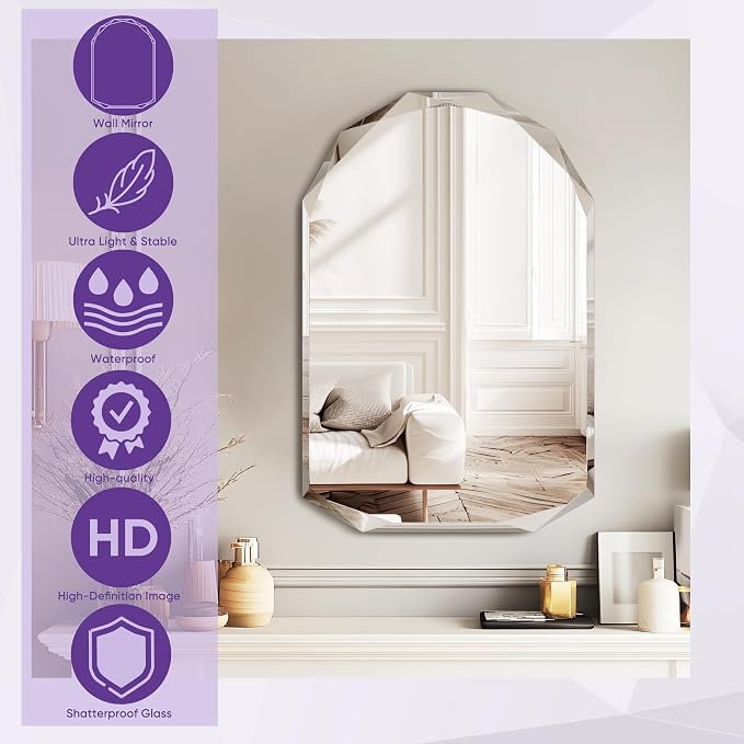Bathroom Mirror for Wall, Bathroom Vanity Mirror, Beveled Edge Frameless Wall - Image 4