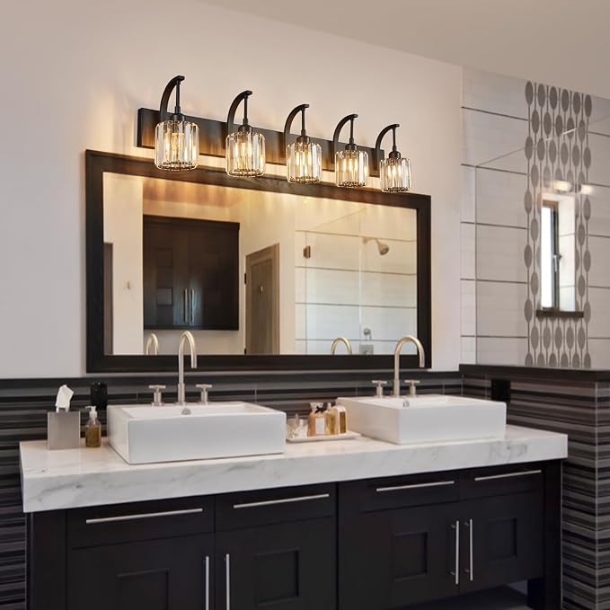 5-Light Crystal Vanity Light, Modern Black Bathroom Wall Sconce - Image 6