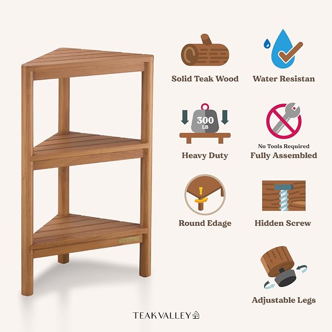 Fully Assembled Teak Corner Bath Shower Storage Stand, Corner Shelves, Shower - Image 4