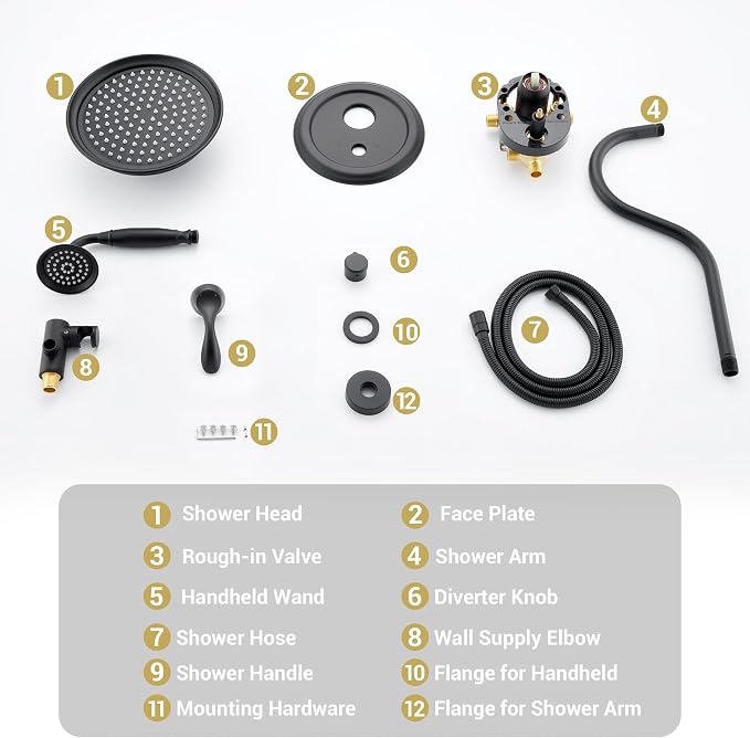 DASAN Matte Black Rain Shower System Antique Shower Faucet Complete Sets - Image 7
