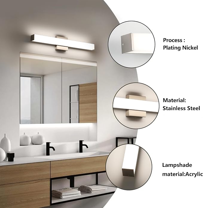 Bathroom Vanity Light Brushed Nickel Square LED 24 inch 14W 4000K Natural White - Image 3