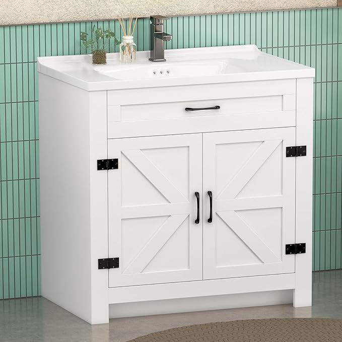 32 Inch Bathroom Vanity with Sink, Small Bathroom Sink Cabinet with 2 Barn Doors by Umeiga