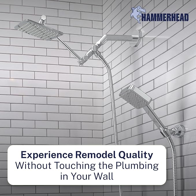 HammerHead® Solid Metal Dual Shower Head Combo — 8" Square Rain Shower Head - Image 2