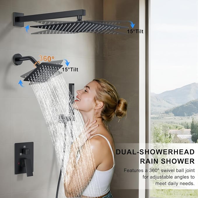 Rain Shower System Matte Black Shower Faucet Set, Dual Rainfall Shower Head Set - Image 3