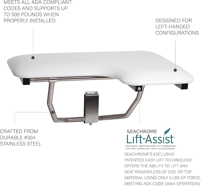 Seachrome Lift-Assist Shower Seat, L-Shaped Left-Hand, Wall Mount, Padded White - Image 3