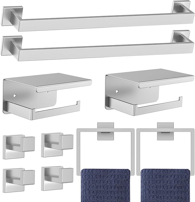 10-Pieces Brushed Nickel Bathroom Hardware Accessories Set, 23.6 Inch Towel Bar by Kiakuoow