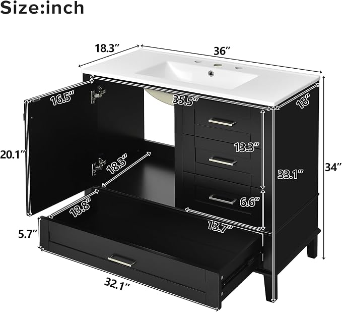 36" Bathroom Vanity with Solid Pine Frame, 1 Soft Close Door and 3 Drawers - Image 2