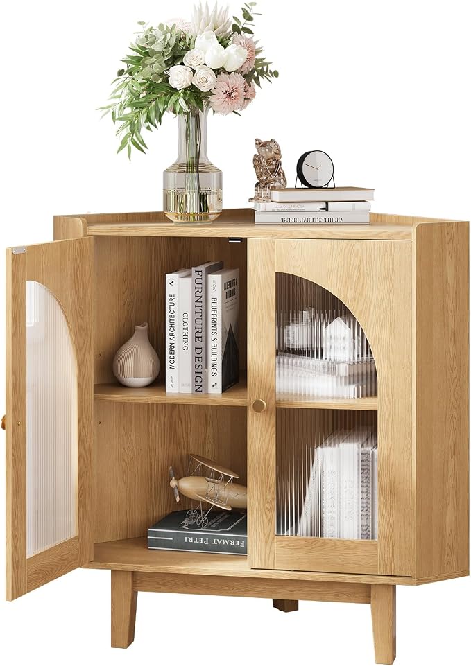 Floor Corner Cabinet with Doors and Shelves, Fluted Storage Cabinet - Image 8