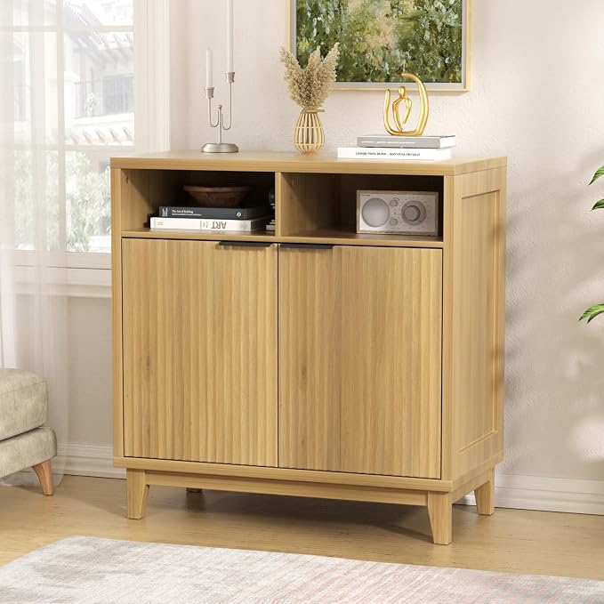 Fluted Cabinet with Doors, Modern Accent Storage Cabinet with Solid Wood Legs & - Image 7