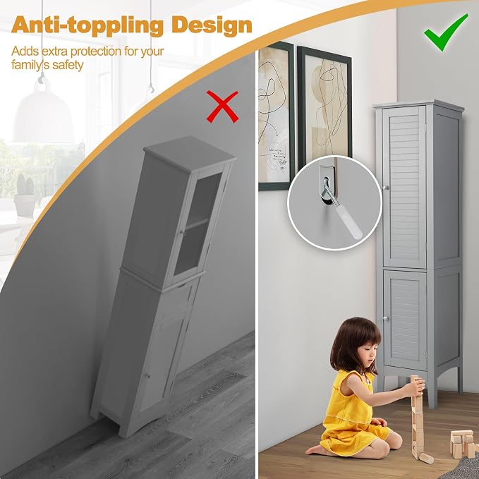 COSTWAY Tall Bathroom Storage Cabinet, 5-Tier Freestanding Linen Tower Cabinet - Image 6