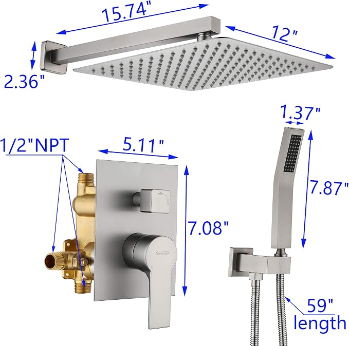 SHAMANDA Bathroom Rain Shower System, 12 Inch Luxuly Shower Head and Handheld - Image 8