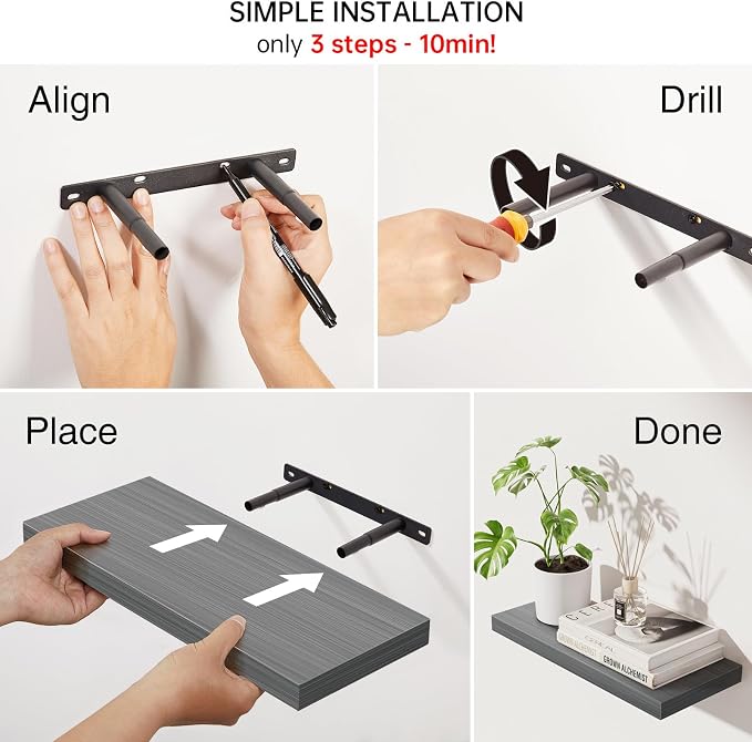 BAYKA Grey Floating Shelves for Wall, Wall Mounted Rustic Wood Shelves for - Image 9
