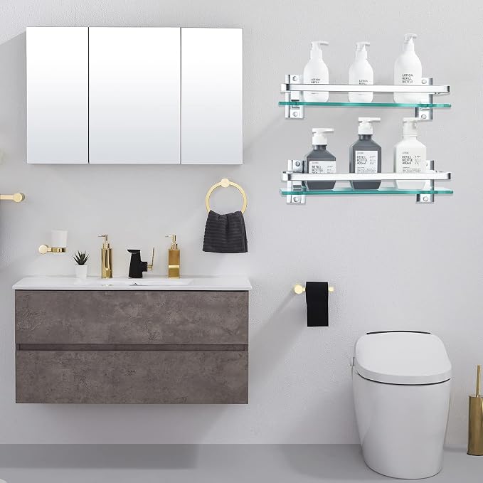 AIJALY 2 Pack Bathroom Glass Shelf, 15.7 Inches Silver Bathroom Shower Glass - Image 2