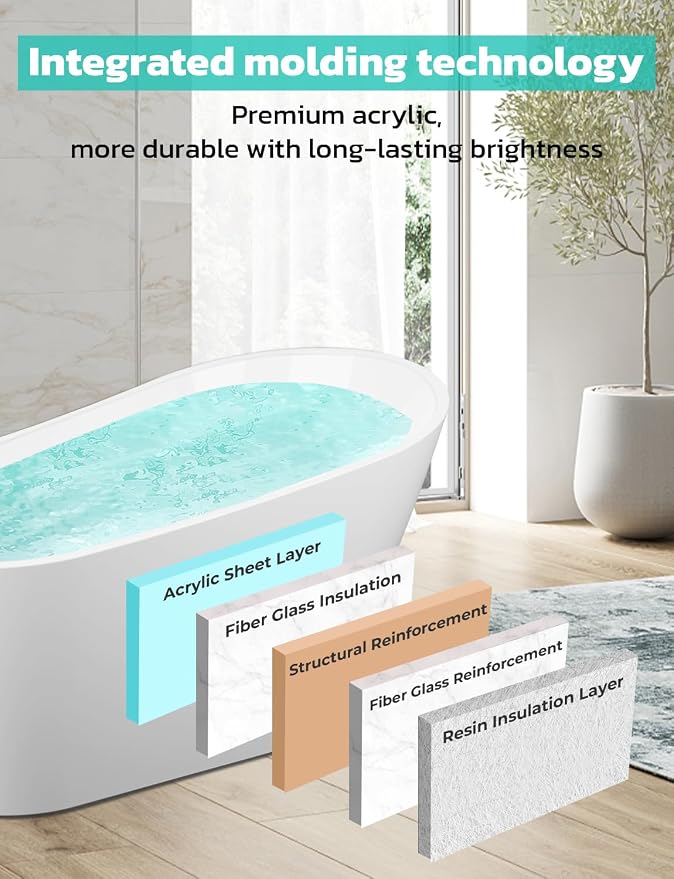 Freestanding Bathtub, 55 inch Acrylic Free Standing Soaking Bathroom Tub - Image 3