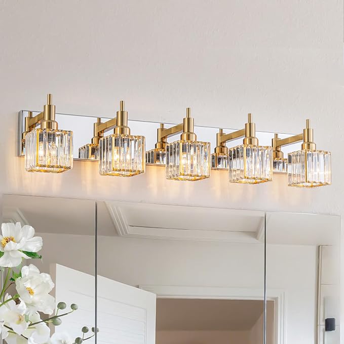 Crystal Bathroom Light Gold Chrome 5-Light Modern Bathroom Vanity Fixtures Over by HUOKU
