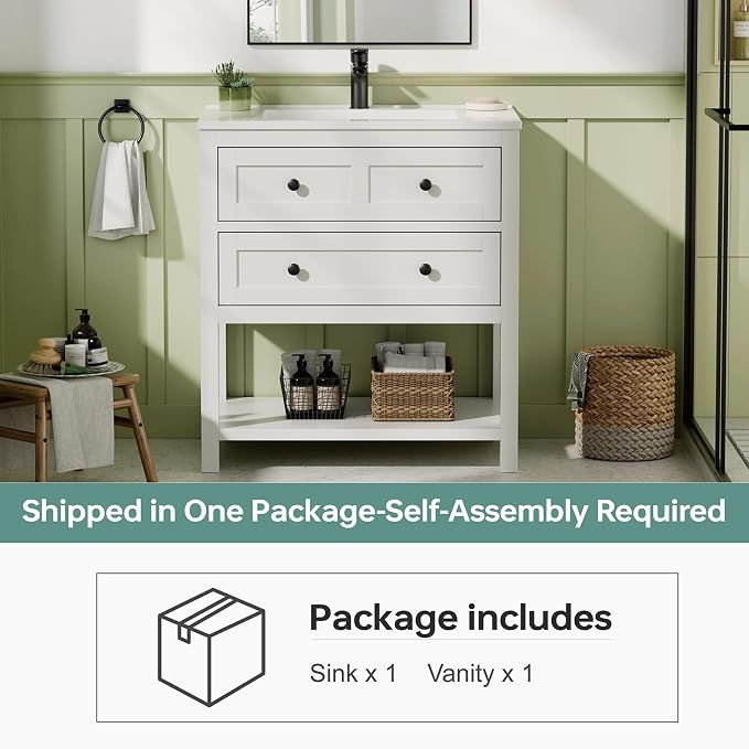 30 Inch Bathroom Vanity with Sink, Farmhouse Storage Cabinet with Drawers & - Image 9