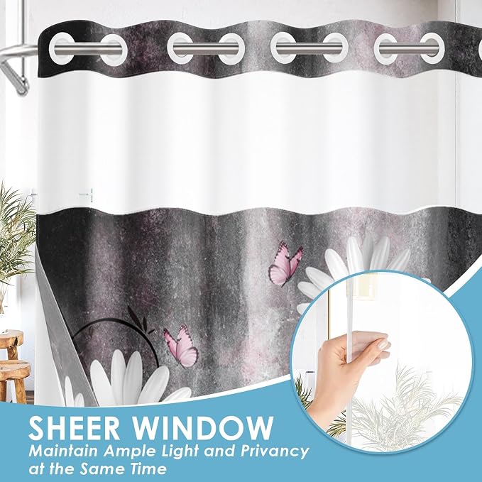 No Hook Pink White Daisy Butterfly Shower Curtain - Image 4