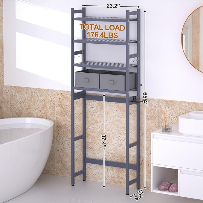 Over The Toilet Storage with 2 Baskets, 4-Tier Bamboo Organizer Rack with Paper - Image 6