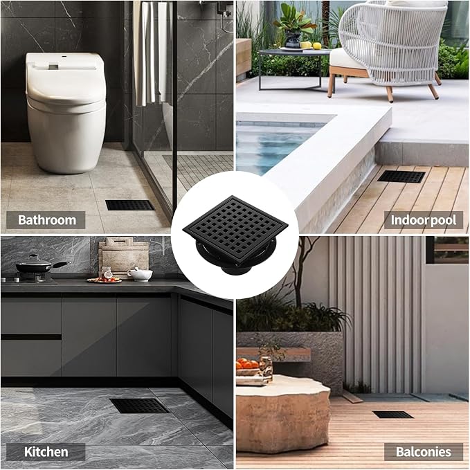 Shower Drain, Matte Black 6 inch Square Shower Floor Drain - Image 8