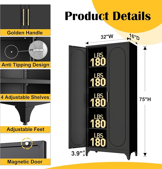 Kitchen Pantry Cabinet, 75 Inch Black Metal Storage Cabinet - Image 3