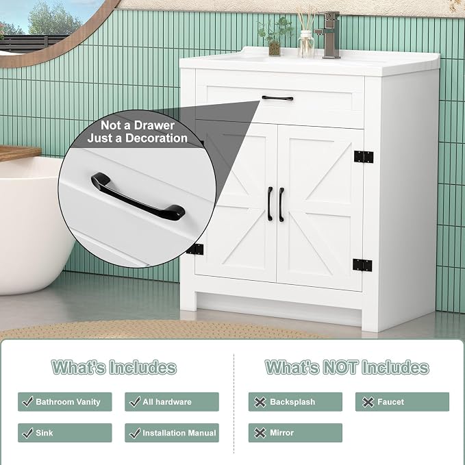 32 Inch Bathroom Vanity with Sink, Small Bathroom Sink Cabinet with 2 Barn Doors - Image 5