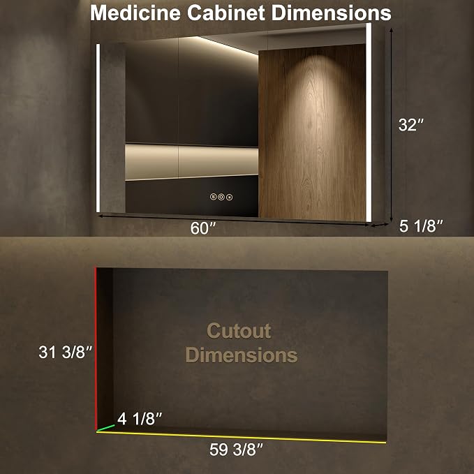 Medicine Cabinet with LED Lights and Mirror, 60 x 32 Inch Surface or Recessed - Image 2