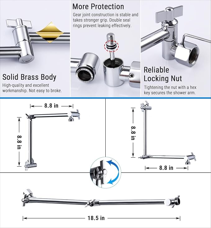 G-Promise 18 Inch Shower Head Extension Arm, Solid Brass Height & Angle - Image 4