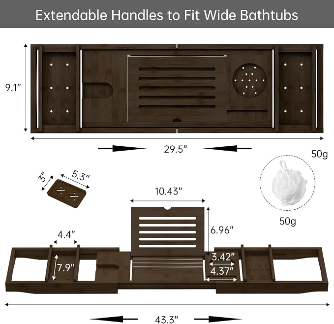 Bamboo Bathtub Tray for Luxury Bathroom, Expandable Premium Bath Tray w/Soap - Image 6