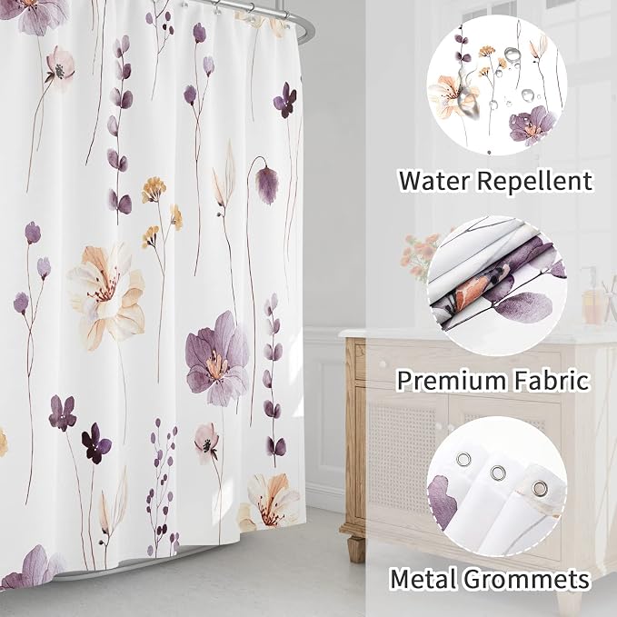 Gibelle Long Shower Curtain 72 x 78, Watercolor Floral Fabric Shower Curtain - Image 3